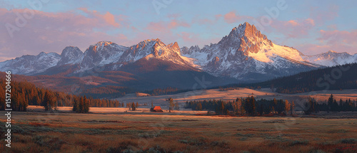 A scenic view of sawtooth mountains with snow peaks at sunrise over a vast meadow landscape area