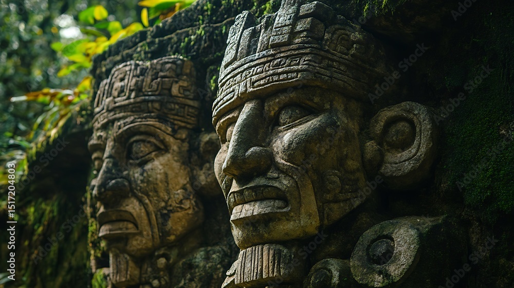 Fototapeta premium Ancient Stone Carvings of Faces in Forest Setting