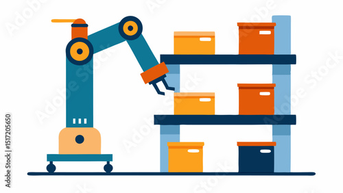 Automated Picking Robot A robot with an articulated arm reaching for items on a high shelf showcasing its ability to navigate vertical storage efficiently.