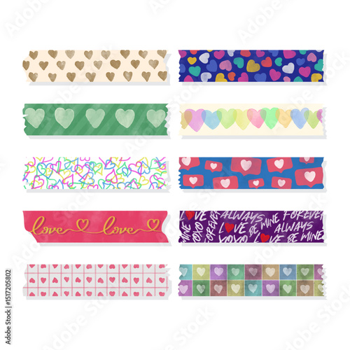 Collection of Handmade Watercolor Love Themed Washi Tapes Vector