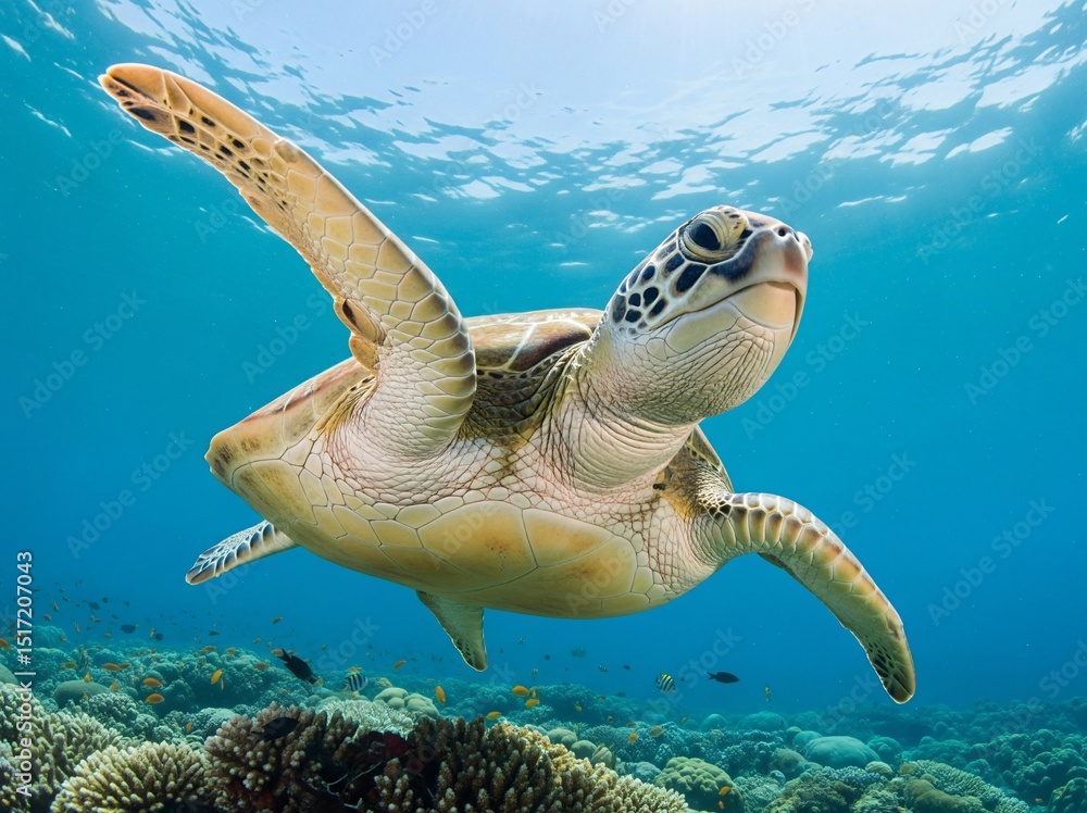 Obraz premium Majestic sea turtle gracefully swimming through clear blue ocean waters, symbolizing marine life protection and celebration of World Oceans Day.