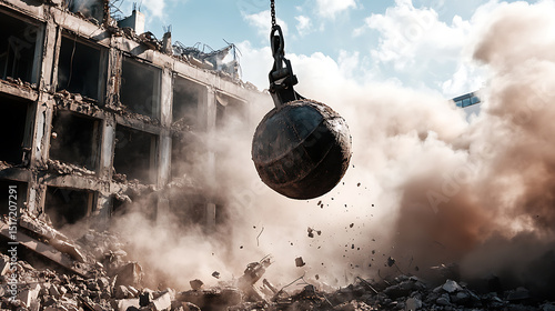 Demolition Ball Crushing Building Amidst Dust and Debris