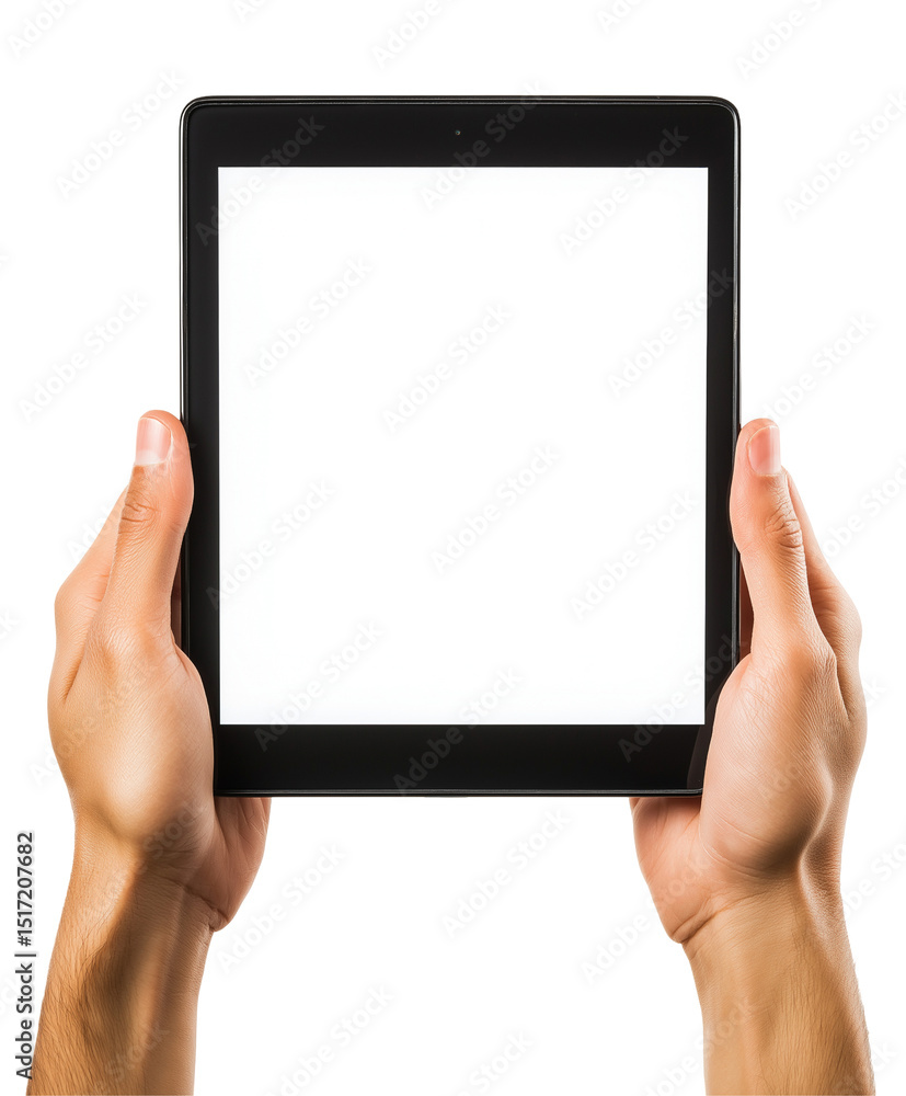 Hands holding digital tablet with blank screen isolated on white background Hands holding digital tablet with blank screen isolated on white background