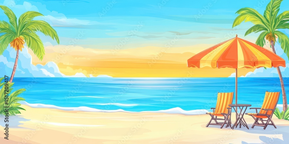 Obraz premium Tropical beach vacation seascape illustration art. Ocean paradise leisure in summer resort. Relaxation and leisure, peaceful nature scenery, colorful graphic, idyllic destination, outdoor travel.