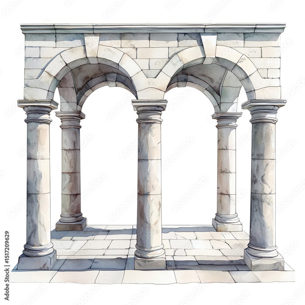 Obraz premium White stone structure with arches and columns on tiled surface isolated on transparent bacground