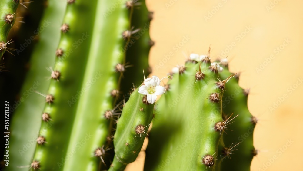 Blooming cactus reveals a delicate white flower in detail. Blooming cactus reveals a delicate white flower in detail.