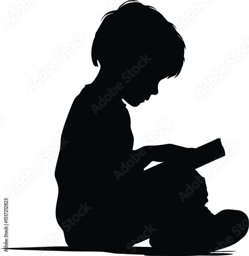 Cute Kid Reading Silhouette vector illustration