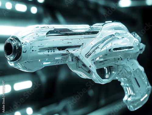 Advanced metallic sidearm design with futuristic aesthetics, gleaming under cool light