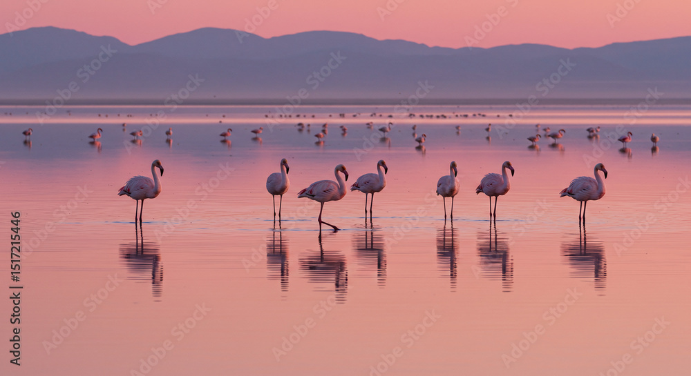 Naklejka premium flamingos at sunset lake