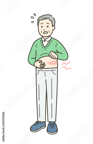 帯状疱疹で脇腹が痛み顔をしかめる高齢男性の全身イラスト
