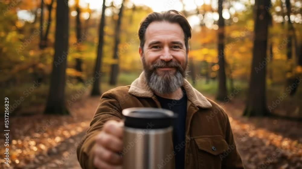 Man enjoying coffee in autumn forest walk travel lifestyle 4k video Man enjoying coffee in autumn forest walk travel lifestyle 4k video
