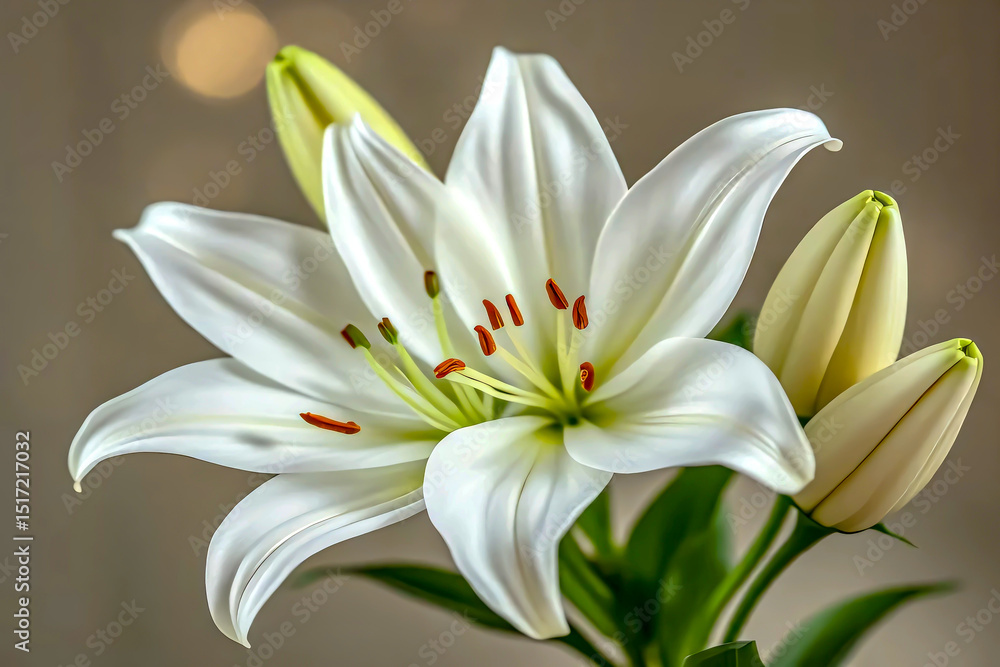 Obraz premium A white lily with large, smooth and slightly curved petals with a silky soft texture. The flower has six symmetrically arranged petals, forming a star-like shape.