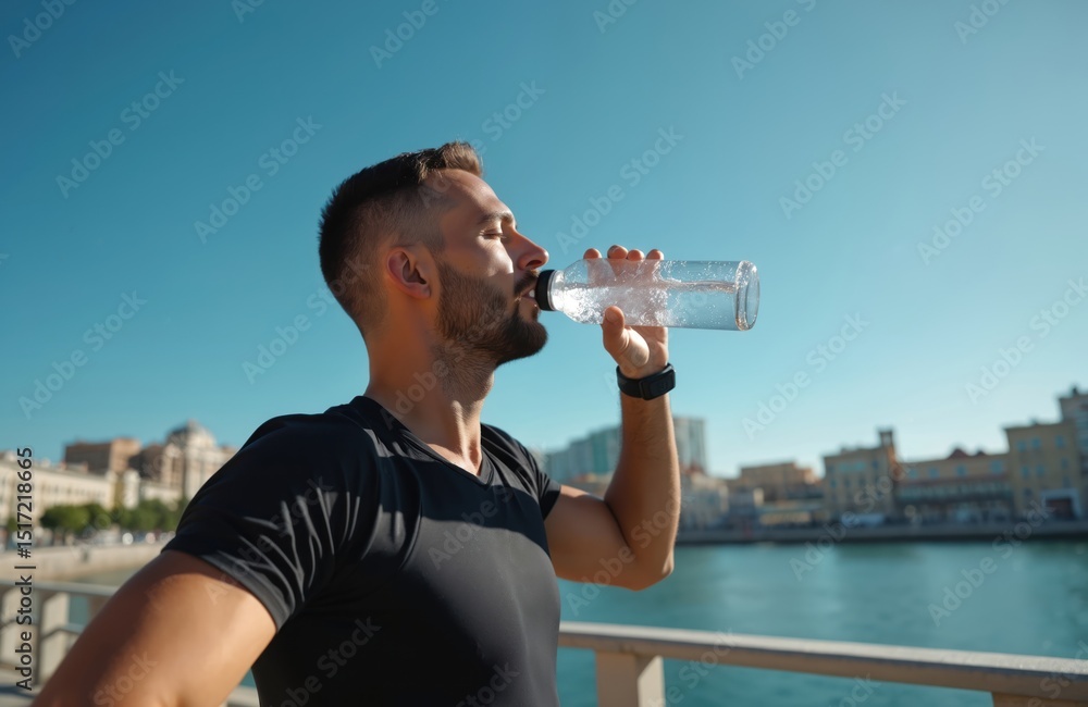 Athletic man drinks water bottle during outdoor workout. Thirsty guy rehydrates after sport training. Fit male drinking water. Healthy lifestyle fitness concept. Athletic man drinks water bottle during outdoor workout. Thirsty guy rehydrates after sport training. Fit male drinking water. Healthy lifestyle fitness concept.