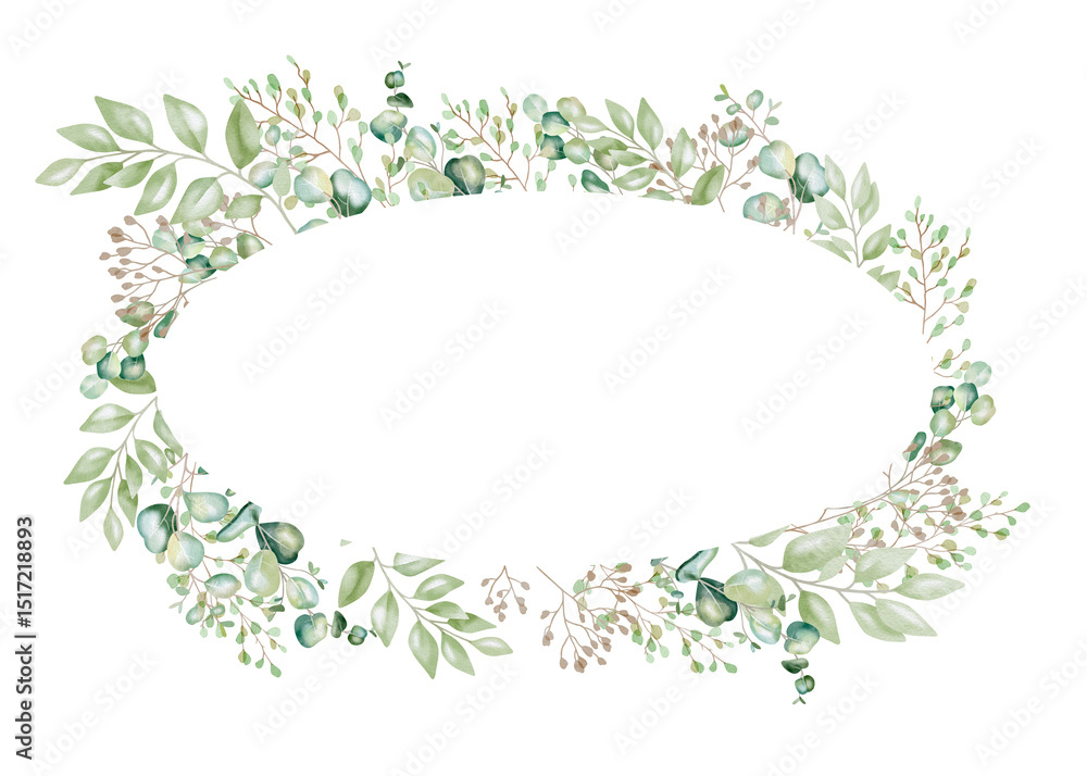 Oval-shaped frame with eucalyptus branches. Airy watercolor illustration. Ideal for romantic greeting cards, invitations to weddings, birthdays, cosmetics, perfumes. Botanical drawing of green leaves Oval-shaped frame with eucalyptus branches. Airy watercolor illustration. Ideal for romantic greeting cards, invitations to weddings, birthdays, cosmetics, perfumes. Botanical drawing of green leaves