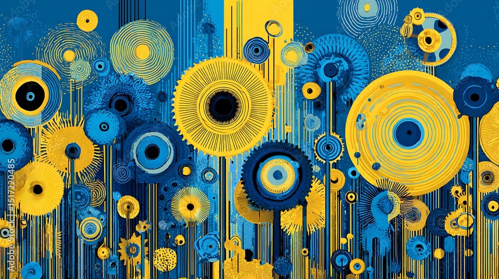 Abstract Graphic Design with Gears and Circles in Blue and Yellow Color Scheme . Abstract Graphic Design with Gears and Circles in Blue and Yellow Color Scheme .