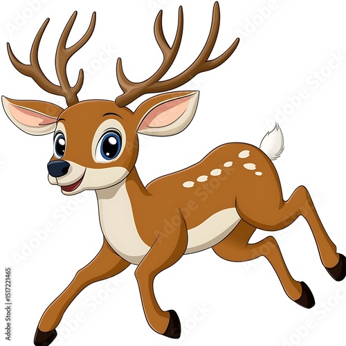 Adorable cartoon deer leaping gracefully with charming spots and antlers