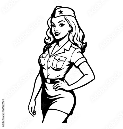 Attractive Caucasian woman in military uniform with hand on hip, vector pinup illustration