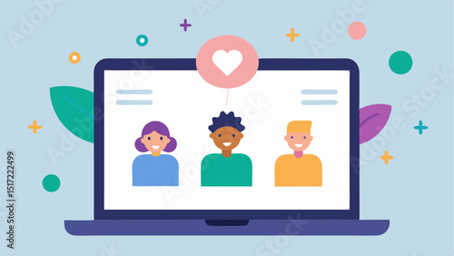 Community Support Portal A laptop screen showcasing an online community platform where users engage with AI moderators sharing experiences and resources for mental health support.