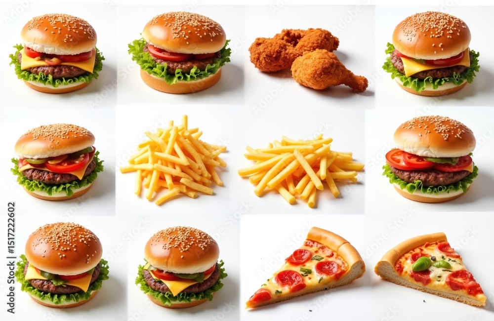 Collection of fast food items isolated on white background. Includes burgers fried chicken fries pizza slices. Food menu concept ideal for restaurant advertisement banner. Collection of fast food items isolated on white background. Includes burgers fried chicken fries pizza slices. Food menu concept ideal for restaurant advertisement banner.