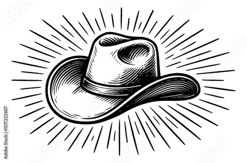 Engraved Cowboy Hat with Rays, Western Style Hat Isolated on White Background