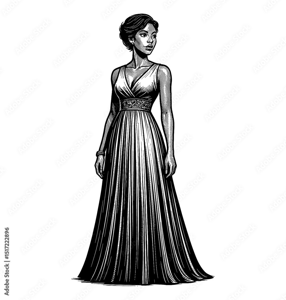 Fototapeta premium Elegant African American Woman in a Long Dress Engraving Style Full Body Shot