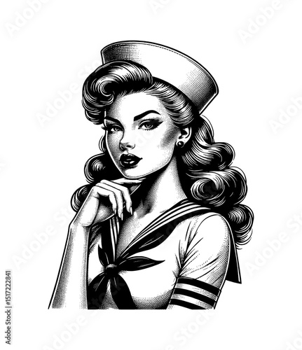 Glamorous Caucasian Pinup Woman in Sailor Outfit with Pensive Expression, Vector Art
