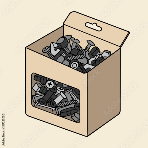 Cardboard Box Overflowing with Assorted Screws Bolts and Nails