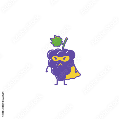 Cartoon grape superhero with yellow mask and cape standing with a stern expression