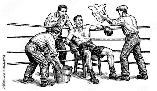 Boxer Exhausted After Match Sitting on Chair with Trainers Engrave Illustration