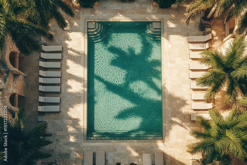 Luxurious poolside relaxation at a tropical resort with sun loungers under palm trees during sunny afternoon Luxurious poolside relaxation at a tropical resort with sun loungers under palm trees during sunny afternoon