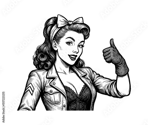 Happy Caucasian Pinup Woman in Military Attire Giving Thumbs Up with a Smiling Expression