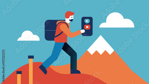 Hiking Scene A person trekking up a hill wearing a backpack with a biomarker tracker clipped to it displaying altitude heart rate and oxygen saturation on a builtin screen.