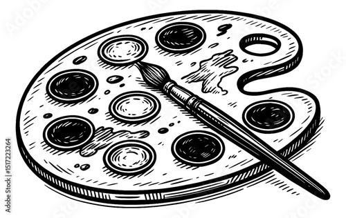 Detailed Engraving Illustration of an Artist's Palette with Paintbrush and Black and White