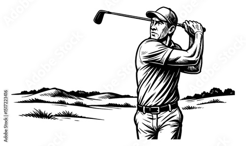 Man teeing off on golf course wearing cap with black and white engraving style