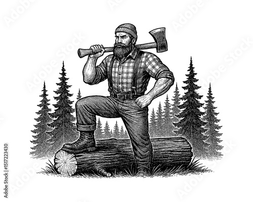 Engraved Illustration of Lumberjack with Axe on Log in Forest, Wearing Beanie and Plaid Shirt