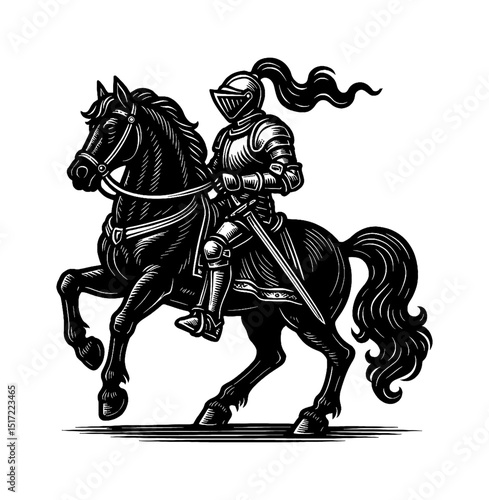 Knight riding horse with armor, helmet and sword in black and white vector illustration engraving style