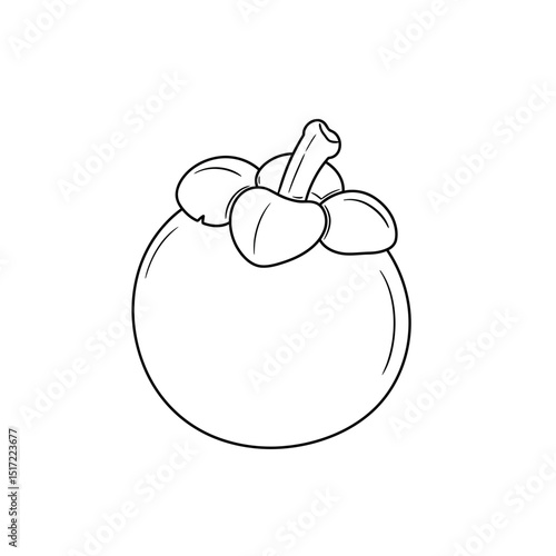 Simple Black and White Mangosteen Fruit with Detailed Outline and Stem