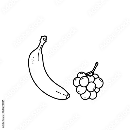 Simple Line Art Illustration of a Banana and Grapes