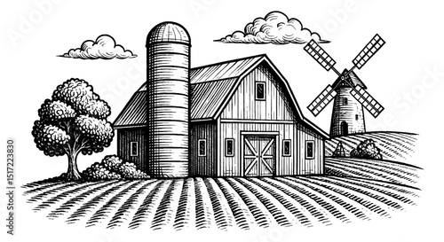 Engraving illustration of barn with silo and windmill on a farm field landscape