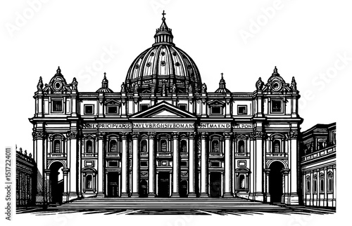 Detailed Engraving of St Peter's Basilica with Dome and Facade in Black and White