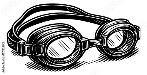 Black and White Engraved Style Illustration of Vintage Pilot Goggles Detailed Vector