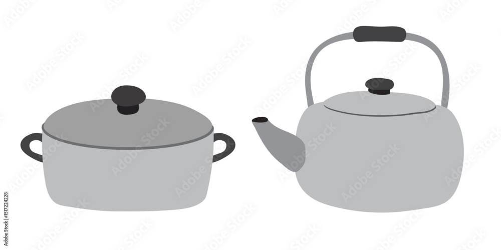 Obraz premium Simple Gray Cooking Pot and Kettle Illustration. Vector design elements.