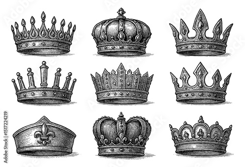 Collection of Nine Vintage Engraved Crown Illustrations with Detailed Line Work and Shading
