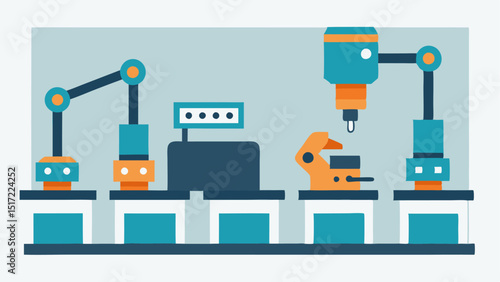Automated Assembly Line A streamlined assembly line featuring robotic arms assembling products with precision while monitors display production data.