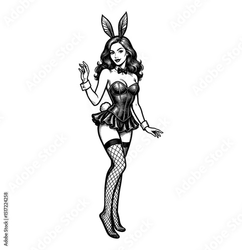 Attractive Caucasian Woman Posing in a Bunny Outfit with Confident Expression and Pinup Style