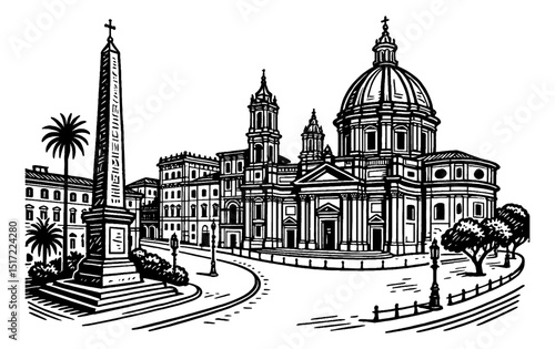 Rome cityscape with Basilica di Sant Agnese in Agone and obelisk in detailed line art