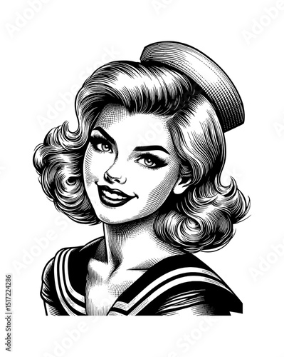 Vintage Pinup Woman in Sailor Outfit Smiling in Detailed Black and White Engraving Style