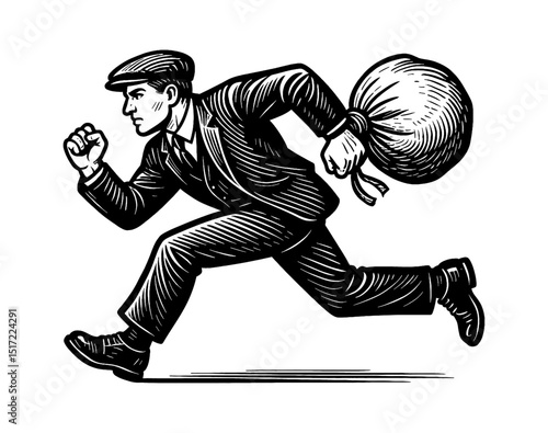 Illustration of Man Running with Sack Over Shoulder in Black and White Engraving Style