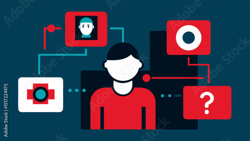 Intruder Identification A vector showing AI processing images from a camera highlighting a person with a red overlay and a question mark denoting potential threat identification.