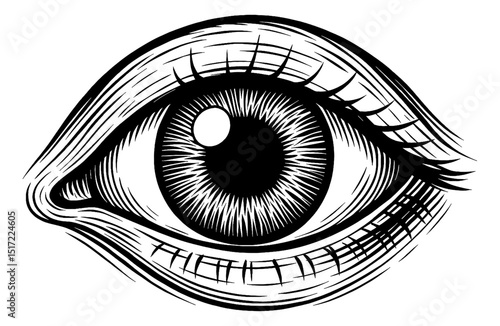 Detailed Engraved Line Art Illustration of a Human Eye with Lashes in Black and White